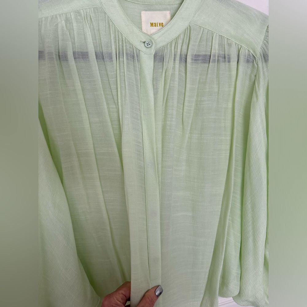 Lightweight batwing top in light green.